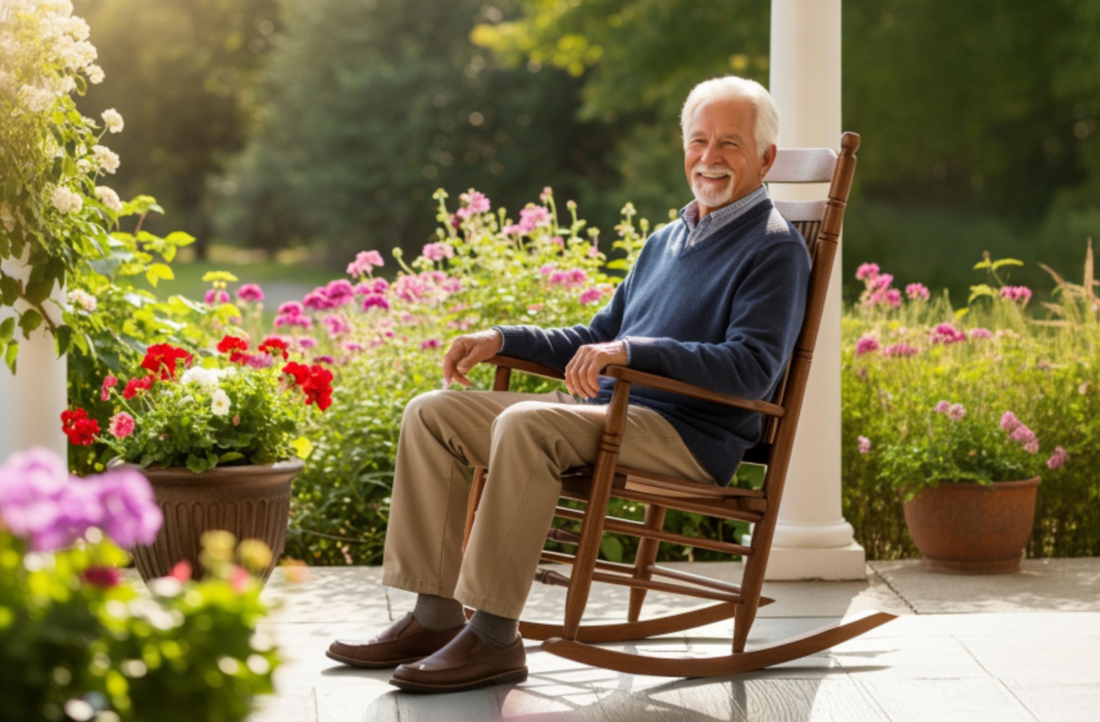 An elderly man smiling and sitting in his rocking chair on the porch with a beautiful garden in the background.