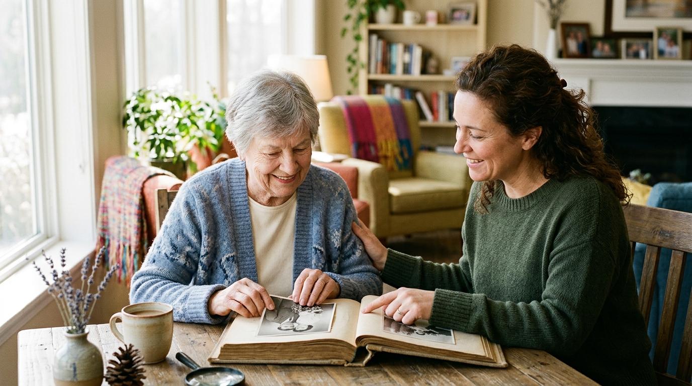 A memory care staff member engages a senior resident in a memory care community with a photo album.