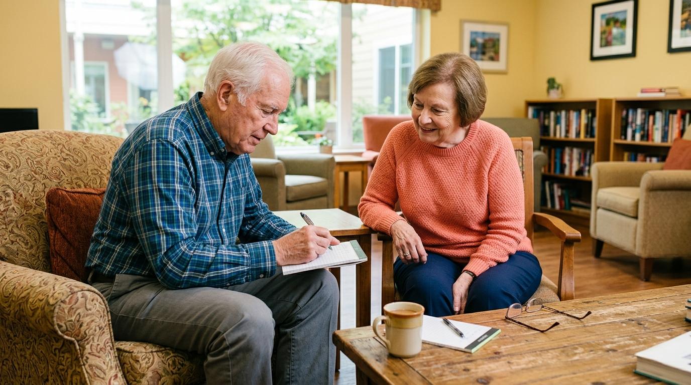 A senior person smiling while doing word recall exercises, supporting memory and cognitive engagement.