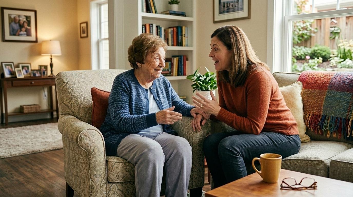 A family member and a senior enjoy a chat together