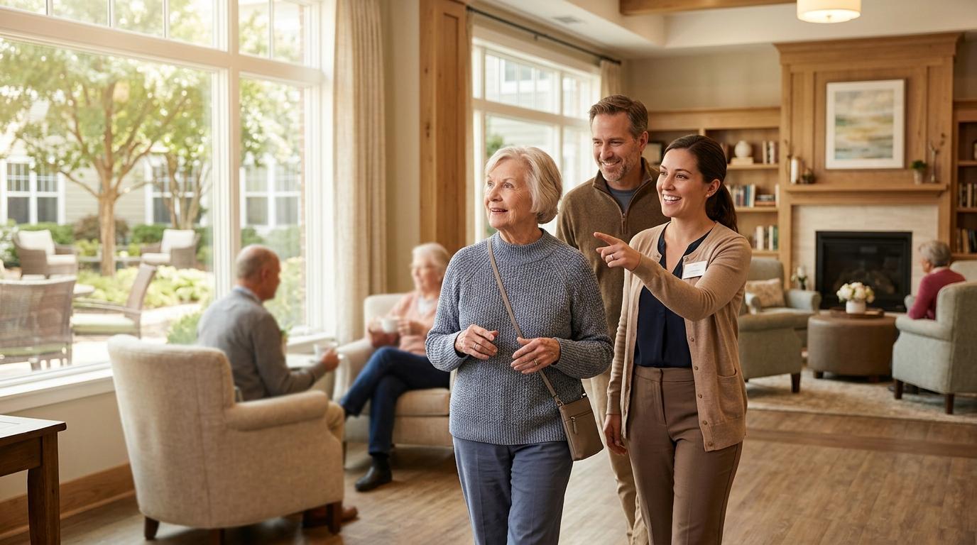 A senior and family member smile together while touring a warm, welcoming senior living community.