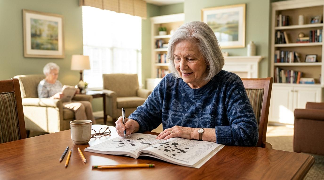 A senior doing crosswords to support cognitive wellness in a senior living community.