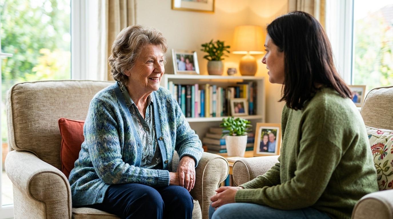 A family member and a senior have a chat in a home setting.