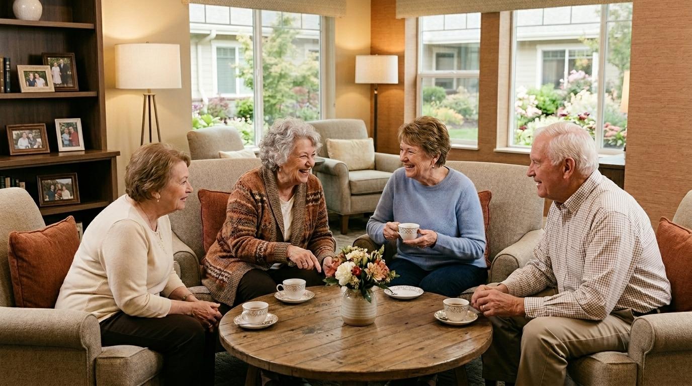 A group of seniors enjoy tea time, sitting on comfortable couches in a memory care community.