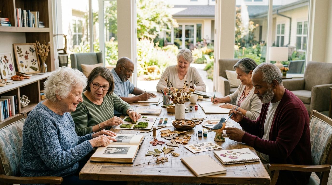A group of seniors enjoying a cognitive activity together in a warm, welcoming senior living community.