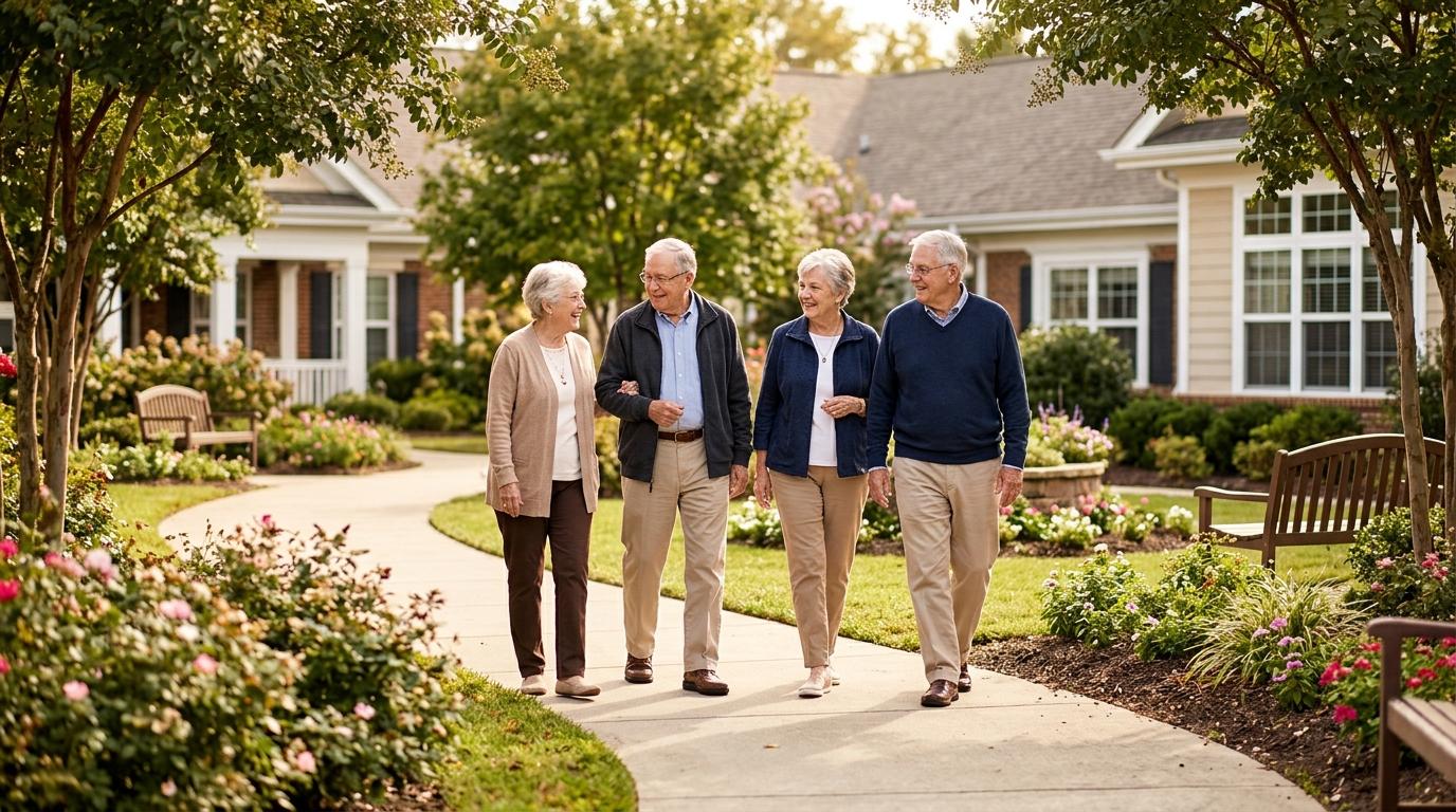 A group of seniors enjoy a walk together on a senior living community garden path.