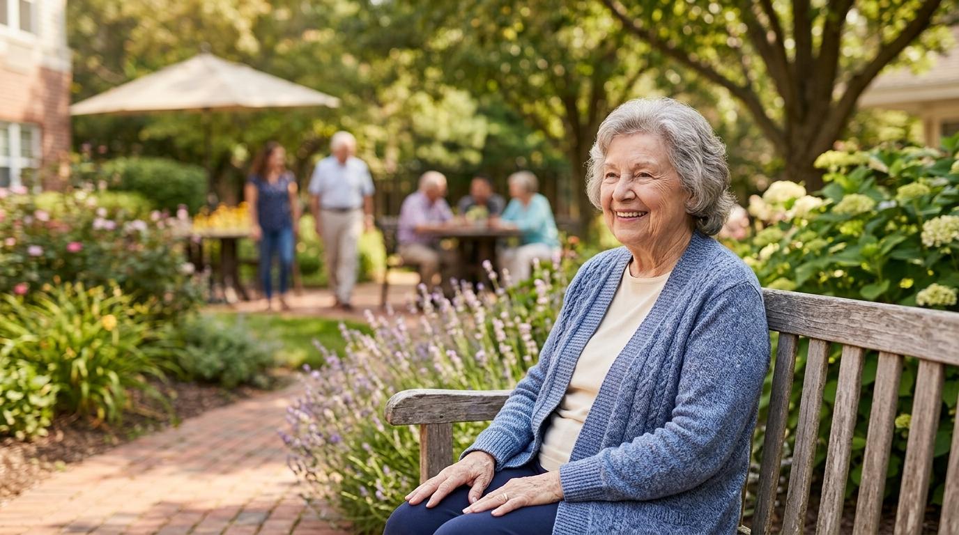 A senior sits on a bench and enjoys their day outside in an assisted living community garden.