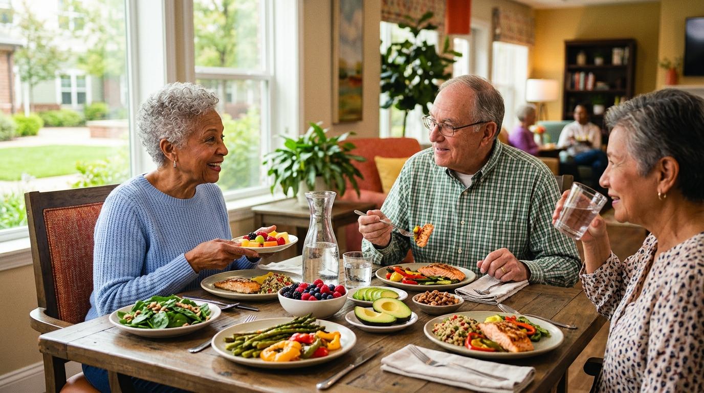 Three older adults laugh and enjoy a healthy, nutritious meal around a sunlit table in the common dining area of their senior living community.
