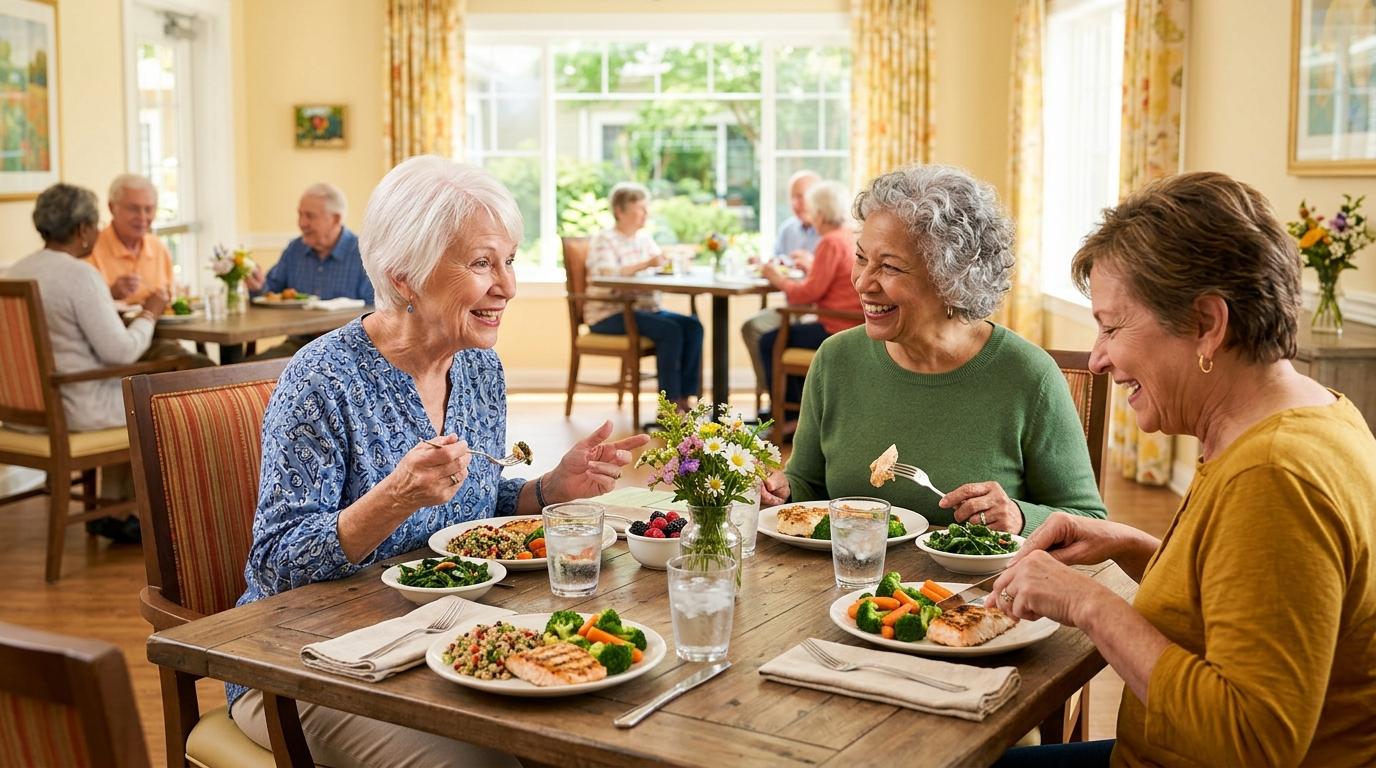 Three older friends smile, enjoying a meal of salad and fish together during a healthy dinner in senior living.